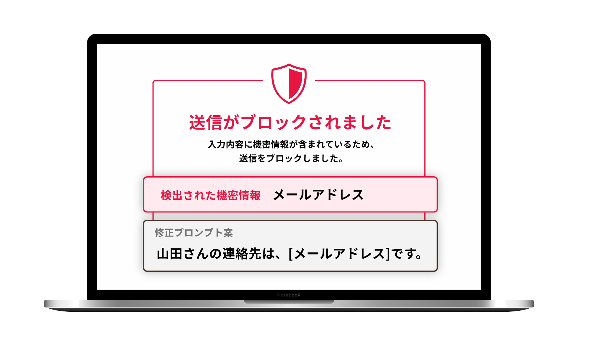 機密情報の送信をブロックした社員向け画面